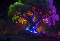 Fantasy tree, neon colors, magical lights in the forest. Generative ai Royalty Free Stock Photo