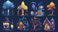 Fantasy tree, stone, and mushroom huts at night with a wooden door, porch, and illuminated windows. Modern cartoon Royalty Free Stock Photo