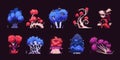 Fantasy trees. Cartoon bizarre forest with strange branches and leaves, comic bizarre flora icons for UI game design. Vector
