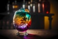 Fantasy tropical colorful cocktail in a glass on a bar counter with a blurred bar background, generative AI