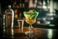 Fantasy tropical colorful cocktail in a glass on a bar counter with a blurred bar background, generative AI