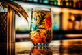 Fantasy tropical colorful cocktail in a glass on a bar counter with a blurred bar background, generative AI