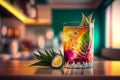 Fantasy tropical colorful cocktail in a glass on a bar counter with a blurred bar background, generative AI