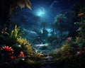 Fantasy tropical forest at night has a mystery light.