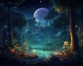 Fantasy tropical forest at night has a mystery light.