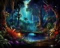 Fantasy tropical forest at night has a mystery light.