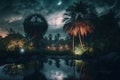 Fantasy tropical forest at night, mystery light in fairytale jungle, generative AI