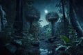 Fantasy tropical forest at night, mystery light in fairytale jungle, generative AI