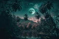 Fantasy tropical forest at night, mystery light in fairytale jungle, generative AI