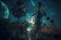 Fantasy tropical forest at night, mystery light in fairytale jungle, generative AI