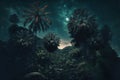 Fantasy tropical forest at night, mystery light in fairytale jungle, generative AI