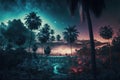 Fantasy tropical forest at night, mystery light in fairytale jungle, generative AI