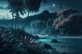 Fantasy tropical forest at night, mystery river in fairytale jungle, generative AI