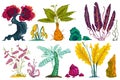 Fantasy tropical forest plants and stones set. Abstract exotic flowers, trees and plants. Isolated design elements on white backgr