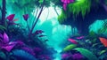 Fantasy tropical jungle forest in surreal colors. Concept landscape for mysterious background Royalty Free Stock Photo