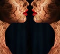 Fantasy. Two Women's Faces with Tracery Opposite each other. Reflexion