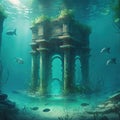 Fantasy underwater seascape with lost city. Generative AI Royalty Free Stock Photo