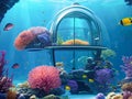 Fantasy underwater world with a castle building and swimming exotic fish Royalty Free Stock Photo