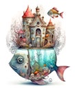 Fantasy underwater world, fish with a castle on the back. Watercolor illustration, isolated on white Royalty Free Stock Photo