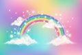 Fantasy unicorn background with clouds on rainbow sky. Magical landscape, abstract fabulous wallpaper with stars and