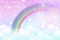 Fantasy unicorn background with clouds on rainbow sky. Magical landscape, abstract fabulous wallpaper with stars and