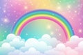 Fantasy unicorn background with clouds on rainbow sky. Magical landscape, abstract fabulous wallpaper with stars and