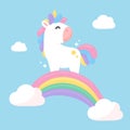 Fantasy unicorn standing gracefully on a pastel rainbow against a beautiful sky full of clouds