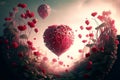 Fantasy valentine`s day landscape with dreamy floral balloons and red flower field. Surreal valentine nature