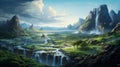 Fantasy Valley: A Serene Visual Of Mountains And Waterfalls