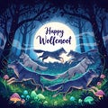 Fantasy Vector of Wolves Running through Enchanted Moonlit Forest Royalty Free Stock Photo