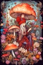 Fantasy vertical watercolor illustration. Fairy tale girl gnome under mushroom in the forest. Whimsical artwork. Generative AI