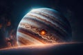 A fantasy view of Jupiter in space showcases the planet\'s massive size and distinctive atmosphere.