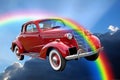 Fantasy vintage classic car ride through rainbow clouds