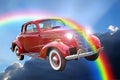 Fantasy vintage classic car ride through rainbow clouds