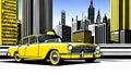 Fantasy vintage taxi car and the city skyline Royalty Free Stock Photo