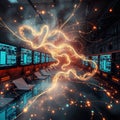 A fantasy visualization of complex algorithms and data flows against a wall full of monitors and technical connections Royalty Free Stock Photo