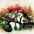 Fantasy wall art of oriental autumn garden with beautiful colorful trees and a pond