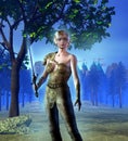 Fantasy Warrior armed with sword, in the forest, near a Castle, 3d illustration
