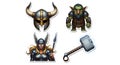 Fantasy Warrior Elements: Viking Helmet, Troll, Valkyrie, and Hammer Royalty Free Stock Photo