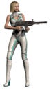 Fantasy Warrior girl in a white dress, armed with assault rifle, brown hairs, 3d illustration