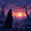 Fantasy Warrior Watching a Dramatic Sunset Over a Desolate Landscape Royalty Free Stock Photo