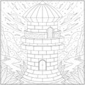 Fantasy watch tower, Adult and kid coloring page in stylish vector illustration Royalty Free Stock Photo