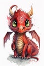 fantasy water color red cute baby dragon with big eyes and simple reflection, ai generated Royalty Free Stock Photo