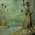 Fantasy water world with bizarre tree houses