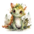 Fantasy watercolor cute baby little green dragon illustration Royalty Free Stock Photo