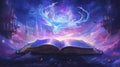 Fantasy watercolor illustration with magic lbook against a cosmic backdrop, perfect for game art, fantasy themes Royalty Free Stock Photo