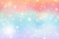 Fantasy watercolor illustration with rainbow pastel sky with stars. Abstract unicorn cosmic backdrop. Cartoon girlie