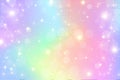 Fantasy watercolor illustration with rainbow pastel sky with stars. Abstract unicorn cosmic backdrop. Cartoon girlie