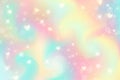 Fantasy watercolor illustration with rainbow pastel sky with stars and hearts. Abstract unicorn cosmic backdrop. Cartoon