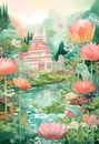 Fantasy watercolor landscape with flowers garden. Watercolor floral illustration. AI generated